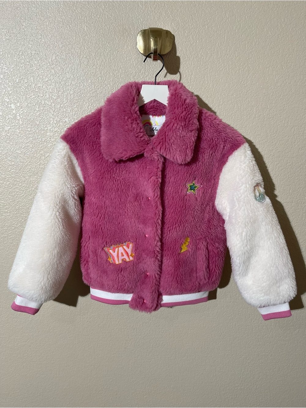 lola + the boys Plush Faux-Fur Bomber Jacket - Pink & White